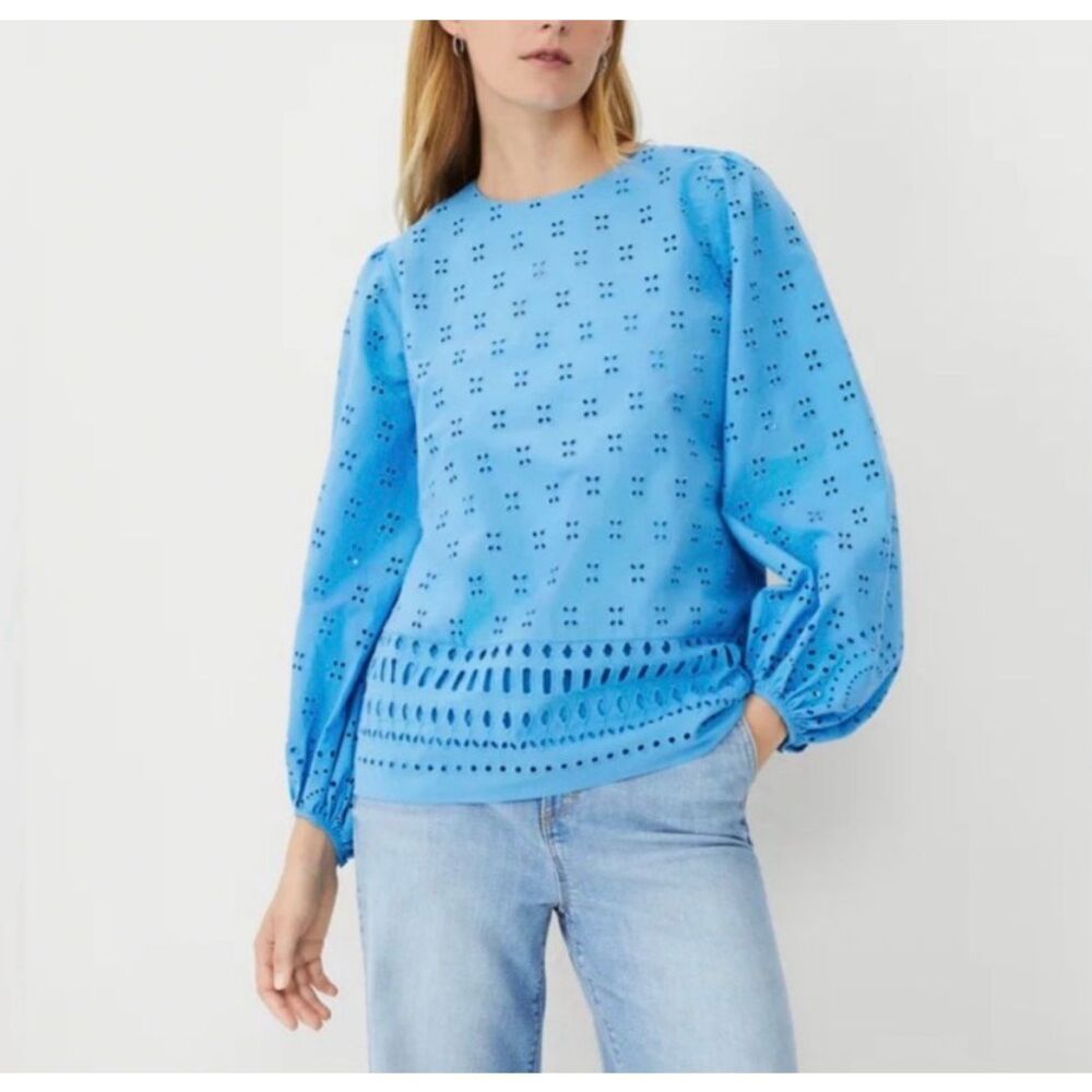 Ann Taylor Blue Eyelet Lace Blouse Long Balloon Sleeves Medium Top Cotton M